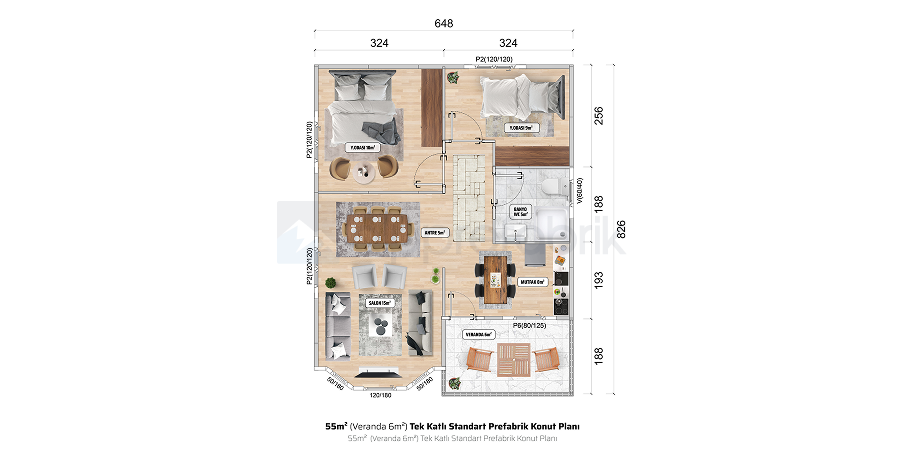 55м² Едноетажна сглобяема къща - Етажен план