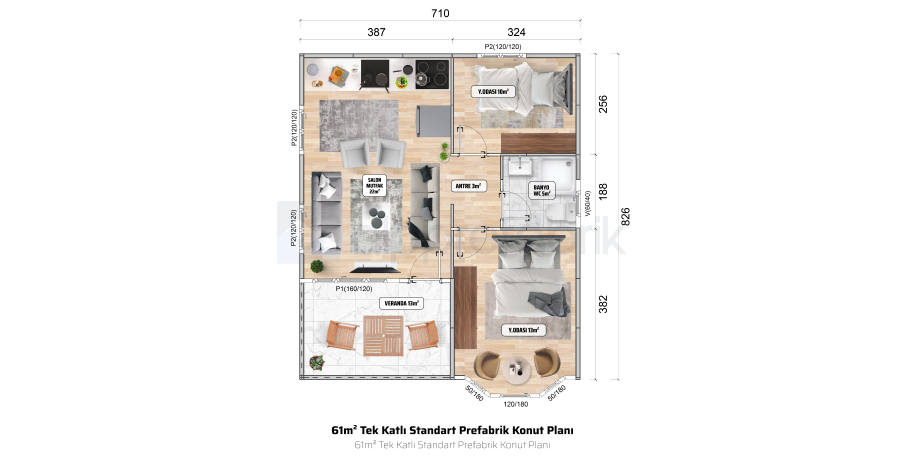 61м² Едноетажна сглобяема къща - Етажен план
